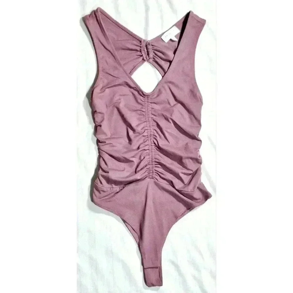 Promise The Label Womens Ruched V-Neck Cutout Back Bodysuit Mauve Small‎